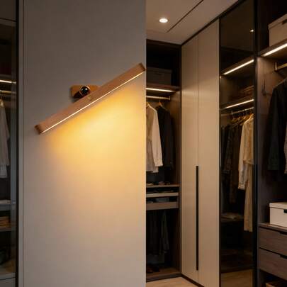 1개 미니멀리스트 메이플 컬러 드릴링 없는 자석 흡착 벽 램프, 거울, 침대 옆, 입구에 적합