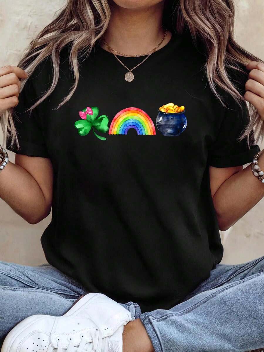 Rainbow Pot Of Gold Shamrock St Patricks Day Men Women T-Shirt, Summer Tops - 黑色 - 查看 1
