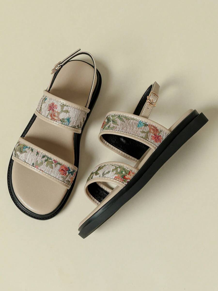 Women's Strap Buckle Sandals, Low Heel Thick Sole, Fresh Color Block Bohemian Vacation Vintage Random Print Open Toe Flat Heel Comfortable Summer New Wedge Low Heel Non-Tiring Fashion Outdoor Beach Sand Random Colorful Floral Leg-Lengthening Back Strap Hollow Design Summer 2026 Spring Autumn Lotus Apricot Breathable Fresh Elegant Graceful Matching Skirts Casual Sports Roman Sandals 3334 Small Size Large Size Women's Shoes 41-43