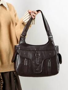 1件复古大容量手提包，复古PU单肩斜挎包，女士休闲托特包兼钱包 - 咖啡棕 - 查看 8