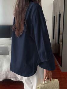 Áo sơ mi cotton trơn màu Look Polly dành cho nữ, kiểu dáng đơn giản, cài cúc một hàng phía trước, tay dài, thích hợp cho trang phục đi biển và nghỉ mát hàng ngày. - Hải quân - Xem 2