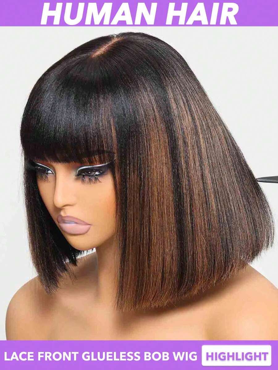 Black/Highlights Brown Colors Bob Wig With Bangs 3x1 Lace Frontal Human Hair Bob Wig Straight Short Bob Wigs For Black Women Human Hair Wear & Go Glueless Wig With Bangs 150% 200% Density Brazilian Virgin Hair Wig 8 10 12 14 16 Inch Multicolor( Natural Black#1B #1B/30) - Multicolor - View 1