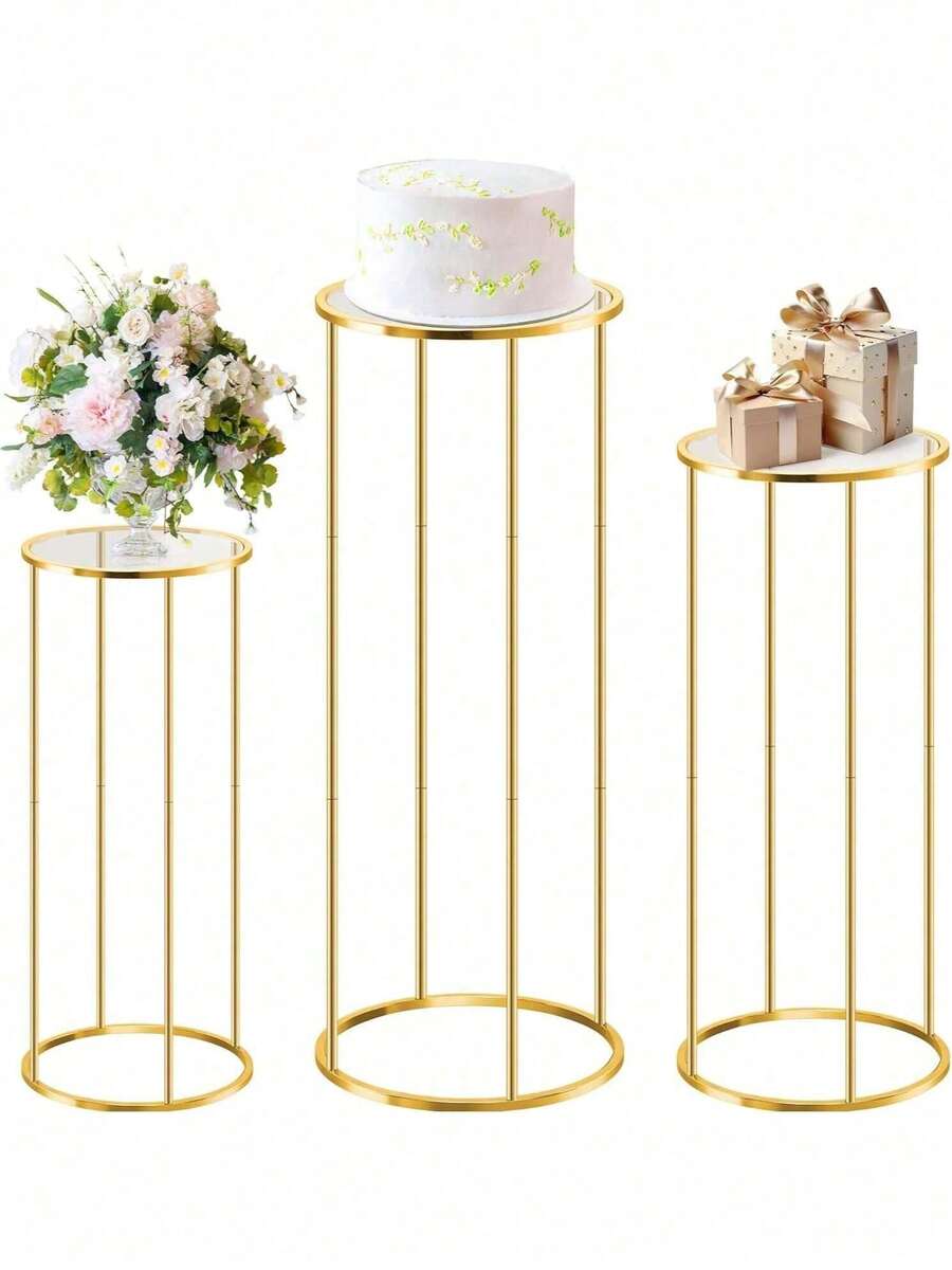 1 pieza/2 piezas/3 piezas Base de soporte de cilindro de metal adecuada para fiestas, soporte para tartas redondas para exhibición de bodas, decoración de plantas florales, fondo de cumpleaños - Dorado - Dorado - Ver 1