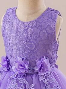 女童纯色蕾丝特别演出公主裙,短裙,适合婚礼、招待会、节日、派对、钢琴演奏会等场合;优雅女童刺绣花卉无袖背心薄纱连衣裙;少女舞蹈表演礼服;生日派对及膝连衣裙 - 紫色 - 查看 6
