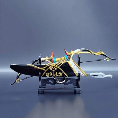 一套4件，包括1个弓、1套箭和2支箭，复古迷你弓箭组合，适合户外爱好者和收藏家，可作桌面装饰道具钥匙扣，复古弓箭套装模型，迷你场景配件。