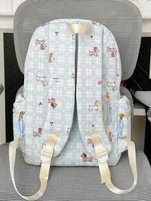 1pc Green Plaid + Puppy Print Canvas Backpack, Zipper Closure, Cute Style, Suitable For Students And Everyday Use, All Seasons - Blue - View 4