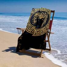 1条奢华希腊美杜莎沙滩巾 - 180.34x90.17厘米，速吸超柔软超细纤维，轻便易携，黑金美杜莎印花，现代海岸风设计，适合徒步旅行、露营、海滩、夏季户外探险 - 1 - 查看 2