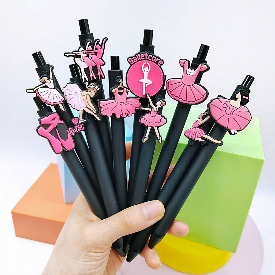 10支随机芭蕾舞女孩系列圆珠笔，创意元素出版社黑色中性笔，适合学校、办公室或生日庆祝使用 - C-黑色 - 查看 1