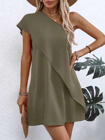 Lightweight Polyester Asymmetric Off-Shoulder Dress - Women's Fitted Style, Casual