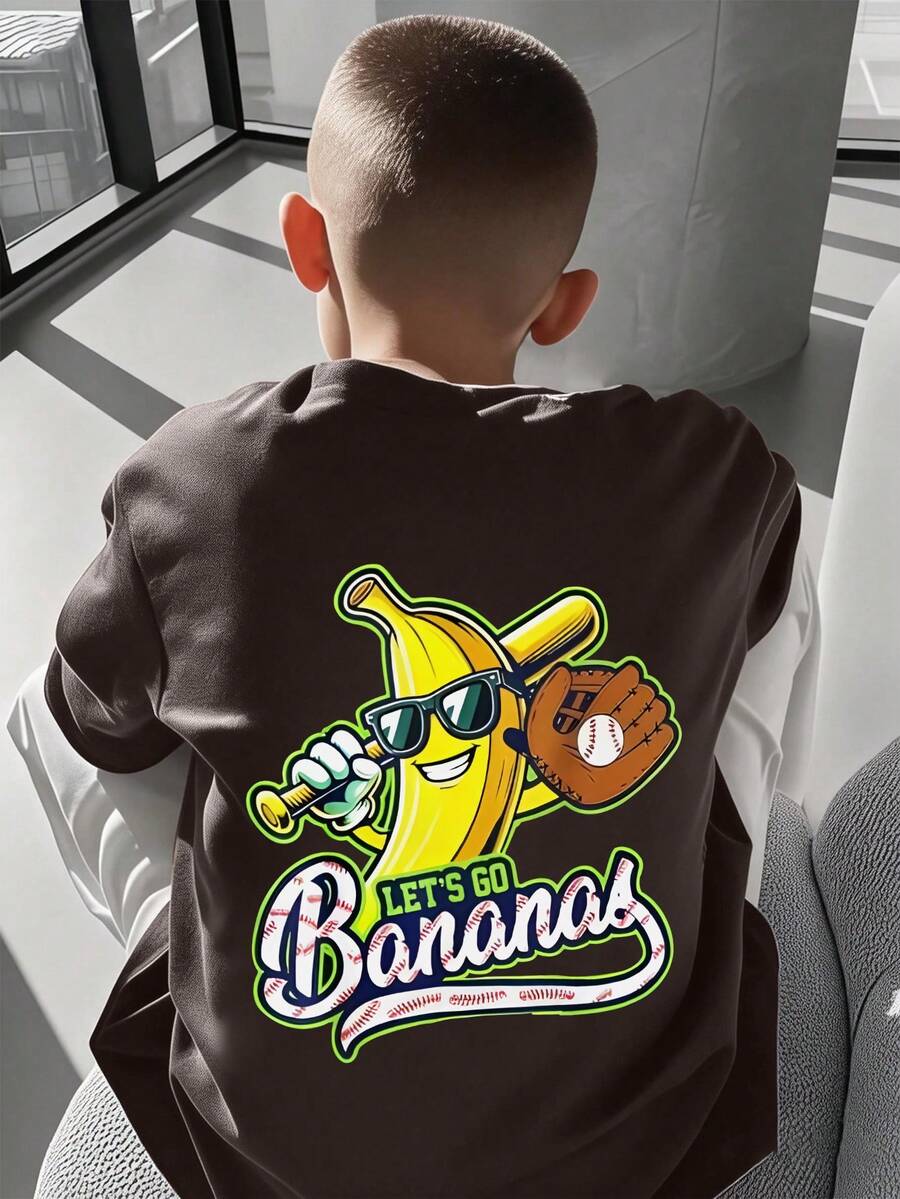 Boys' Cartoon Baseball Banana Print Round Neck Short Sleeve T-Shirt, Loose Comfortable Breathable, Eternal Summer Choice - Brown - View 1