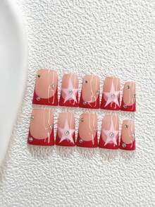 10pcs Set Acrylic Nail Art Kit, Includes Asymmetrical Pink Pentagram Nail Decals, Silver Rhinestones, Red Nail Polish, Burgundy Ombre Style, Ideal Gift For Women And Girls Nails Handmade Press On Nails - Nhiều màu - Xem 19