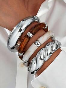 4pcs Vintage Minimalist Elegant Resin Acrylic Brown Elastic Bracelet & Bangle Set, Gold Stripe Smooth Open Cuff, Suitable For Women Everyday Wear, Holiday Gift, Stackable, 2025 New Arrival - Gold - View 14