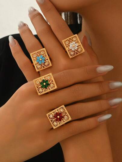 1pc Dubai Style Emerald Green Hollow Square Zirconia Stone Ring, Middle Eastern Engagement/Anniversary Gift For Women