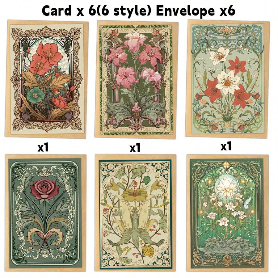 6pcs Vintage Floral Greeting Cards With Envelopes - Assorted Retro Flowers Patterns, All Occasions Cards For Birthday, Wedding, Thank You, Anniversary & More, Perfect For Friends & Family - Sets - View 1