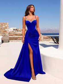 ADYCE 女士亮片深V领高腰露背连衣裙，正式派对礼服，黑色优雅晚礼服，适合婚礼宾客、毕业典礼、宴会及其他场合 - 寶藍色 - 查看 1