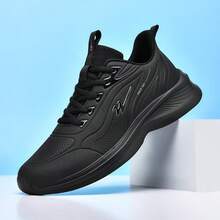 男士休闲鞋，纯色系带运动鞋，户外四季皮革运动鞋，多功能软底跑鞋 - 黑色 - 查看 14