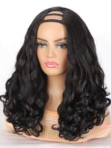 U型卷发假发，适合非裔卷发，18英寸波波头蓬松卷发，自然黑色，无需留毛，夹式半头假发 - 黑色 - 查看 6