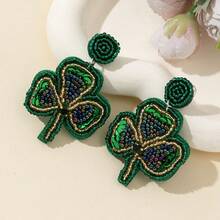 1 par de pendientes hechos a mano con hojas verdes y perlas para el Día de San Patricio, para mujeres - lentejuelas - Ver 6