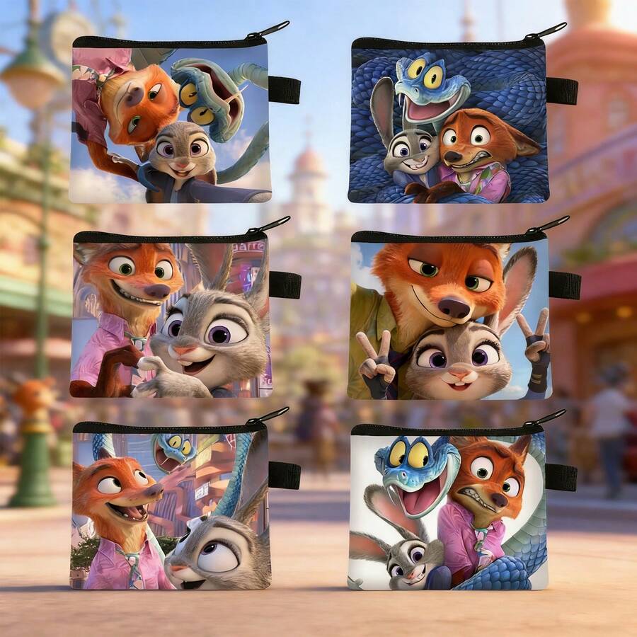 1个迪士尼疯狂动物城2尼克和朱迪卡通人物可爱零钱包，时尚简约设计，疯狂动物城主题，可用作耳机盒，多功能挂件零钱包钥匙扣 - 彩色 - 查看 1