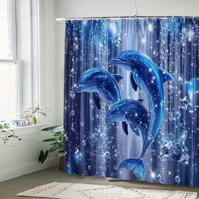 12 Hooks Waterproof Shower Curtain With Dolphin Pattern, Suitable For Room, Home, Hotel, Machine Washable, Bathroom Curtain All-In-One