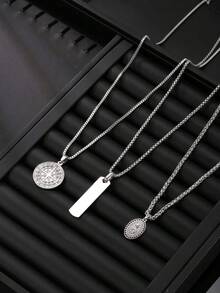 Bộ 3 dây chuyền mặt dây chuyền bằng thép không gỉ màu bạc tối giản thời trang dành cho nam giới, bao gồm mặt dây chuyền hình la bàn và hình chữ nhật, thích hợp để đeo hàng ngày, trong các dịp lễ, lễ đính hôn, đám cưới hoặc làm quà tặng. - Bạc - Xem 3