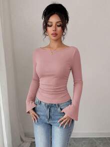 Women's Spring Fall Long Sleeve Shirts Crop Going Out Tops Casual Boat Neck Bell Sleeve Ribbed Ruched Y2K Clothes - Gray Pink - View 6