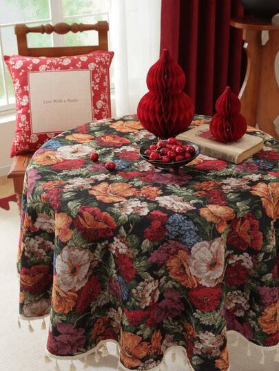 1件复古法式花卉提花流苏圆形桌布，适用于婚礼、新年派对、生日派对、餐厅及其他餐桌装饰。