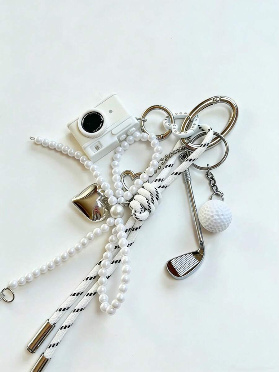 High-End Fashion White Minimalist Camera, Baseball, Golf Ball, Bow Tie And Pearl Bag Charm; Leather Braided Rope Keychain; Metal Rhinestone Heart Clasp; Fashionable White Pendant; Car Key Chain; Perfect Gift For Women, Birthday, New Year, Valentine's Day, Mother's Day, White Day, Back To School, Wedding Favor And Holiday Gifts. - Multicolor - View 1
