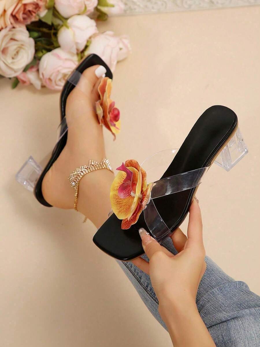 Giày sandal cao gót đế dày bằng nhựa PVC tuyệt đẹp, giày cao gót hở mũi đế dày họa tiết hoa mùa hè mới, sandal cao gót một quai. - màu đen - Xem 1