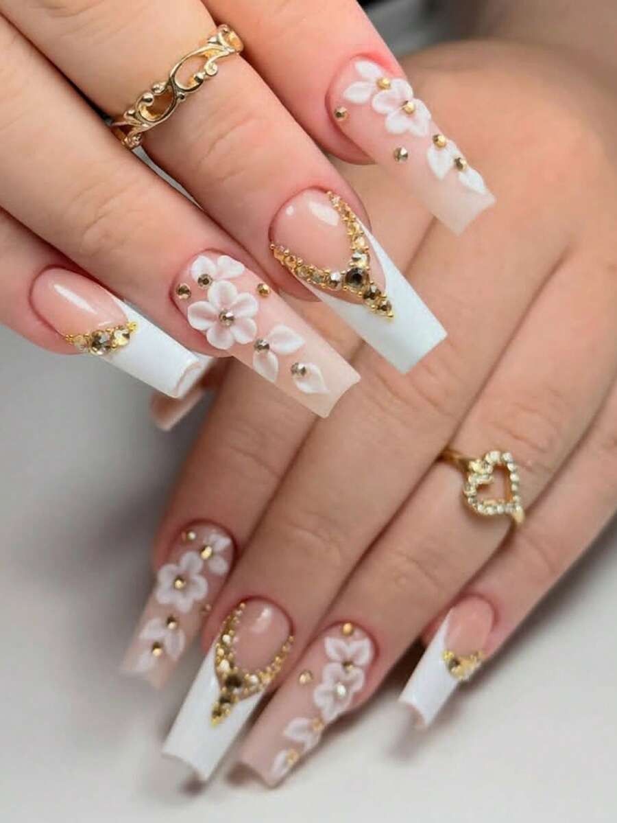 24片法式亚克力美甲贴片，长方形，3D花朵装饰，XXL/XXXL码，金色水钻设计，时尚清新Y2K风格，表面光滑，全覆盖，适合女性和女孩日常佩戴的美甲用品。 - 彩色 - 查看 1