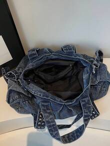 新款时尚铆钉大容量水洗帆布手提包，女士休闲通勤手提单肩斜挎包 - 深色水洗藍 - 查看 10