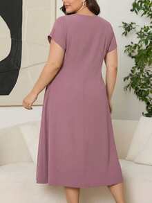 Abito casual taglia comoda con colore unito, nodo attorcigliato, volant sull'orlo, adatto per matrimoni, feste serali formali, elegante in rosa per l'estate - Rosa - Visualizzare 4