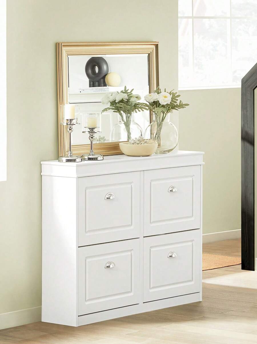 SoBuy Shoe Cabinet With 4 Flaps, Slim Shoe Rack With 8 Shelves, Adjustable Shoe Rack For Hallway, Corridor & Entrance Area - Hallway Cabinet With Anti-Tip Device 105x82x24cm FSR79 - White - View 1