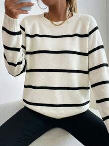 Vibe Tone Women Casual Contrast Stripe Round Neck Pullover Knit Sweater, Versatile New Arrival - Black and White - View 1