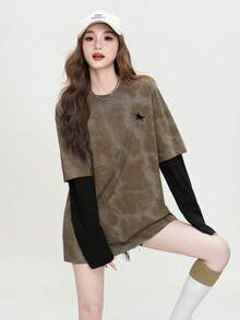 2026 New Round Neck Versatile Casual Printed Pattern Women Long Sleeve Loose Comfortable Retro American Style T-Shirt - 0B45 Coffee Black - 1182 Black - View 1