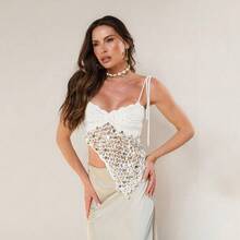 Women's Sequin Crochet Knit Tie Shoulder Crop Tops Slim Fit Split Front Backless Self Tie Halter Camisoles Top Summer Beachwear Cami Vest Tie-Up Spaghetti Strap V-Neck Split Hem Cutout Tank Tops Party Clubwear - 白色 - 查看 4