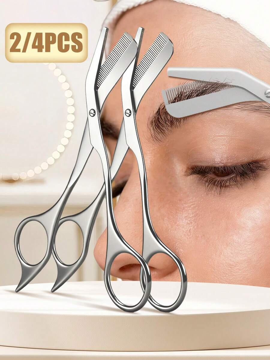 Bello Paratu 2/4pcs Stainless Steel Eyebrow Trimmer Scissors With Comb, 2-In-1 Eyebrow Grooming Tool - Multicolor - View 1