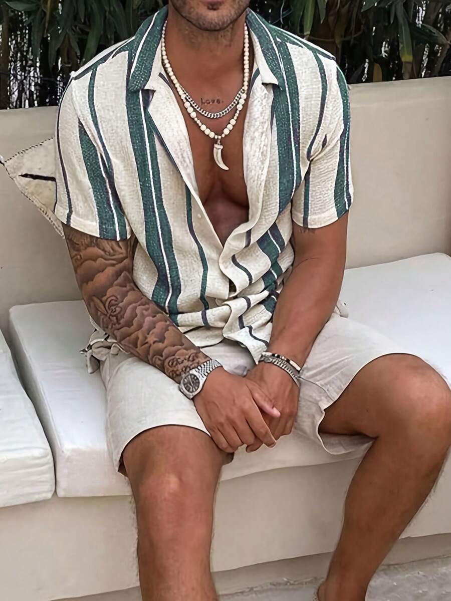 男士條紋短袖襯衫與短褲套裝,輕盈微透時尚日常基本款獨特穿搭 - 綠色 - 查看 1