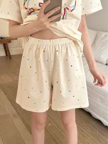 Pure Slumber 2pcs Polka Dot Short Sleeve Pajama Set For Women, Spring/Summer Bowknot Color Block Sleepwear - Apricot - View 4
