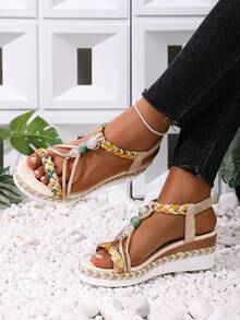 女士时尚圆头串珠波西米亚风厚底坡跟凉鞋 - 米色 - 查看 6