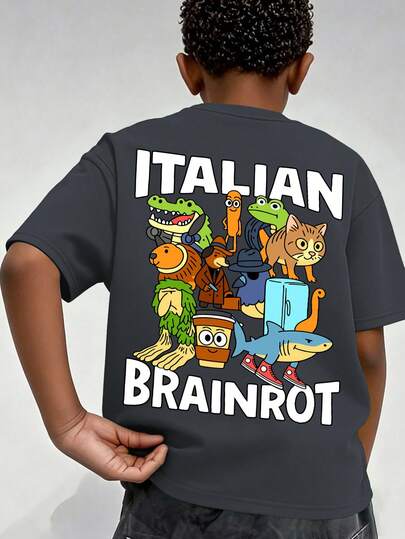 Camiseta de manga corta con cuello redondo y estampado de animales de dibujos animados y letras para adolescentes, ropa cómoda de primavera/verano para niños