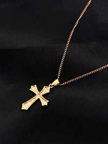 1件法式时尚18K镀金不锈钢浮雕十字架吊坠项链，奢华简约设计，百搭节日首饰 - 金黃色 - 查看 3