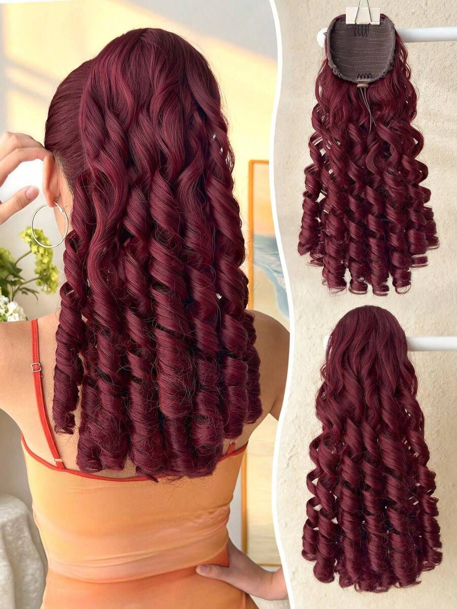 20 Inch Deep Wave Curly Ponytail Wig With Drawstring Clip, Made Of Heat-Resistant Synthetic Fiber, Suitable For Women To Wear On Christmas, Halloween Parties And Daily Occasions - Multicolor - View 1