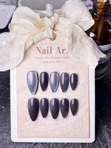 10片手工短款假指甲，法式尖头，杏仁形，可爱美甲，Y2K风格，黑色，红色，附赠美甲工具，适合女性日常使用，优雅精致，秋冬季美甲贴纸美甲用品手工按压式指甲 - 黑色 - 查看 4