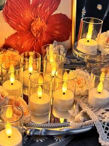 6/12/24pcs Flickering Flameless Candles, Battery Operated Candles With Timer And Remote Control, LED Wishing Candles For Tabletop Centerpiece, Suitable For Christmas, Halloween, Valentine's Day, Dining Table, Room Decor, Wedding, Party, Gift - Transparent - Cup Wax - View 6