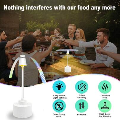 2 Pack Tabletop Fly Repellent Fan, Indoor Outdoor Food Fan To Repel Flies With Warm Ambient Lights, Holographic Blades, Picnic Party, BBQ, Insect Repellent Fan