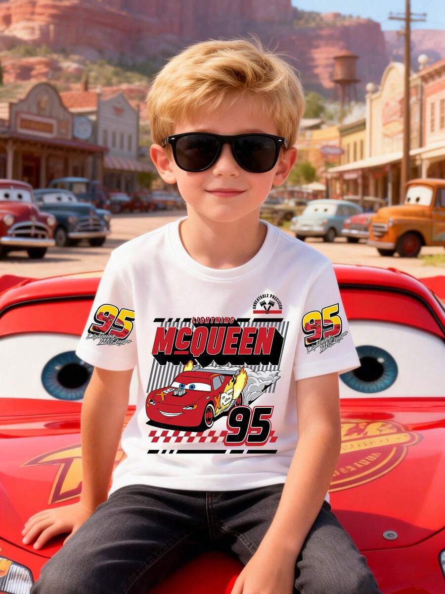 Disney Boys' T-Shirt Featuring A Creative Multi-Heat-Transfer Print Of Lightning McQueen From Cars. Made From Soft, Comfortable, And Breathable Fabric, It's Perfect For Everyday Wear, Outings, And Activities-And Makes An Ideal Gift For Kids. - White - View 1