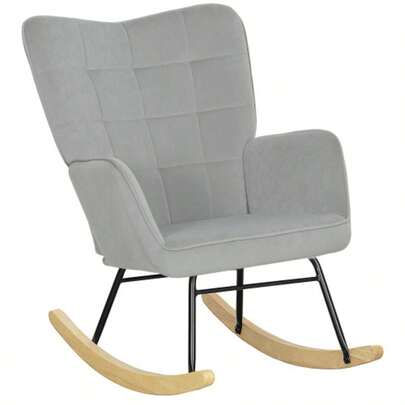 Rocking Chair, Reclining Chair With A Velvet Look, Armrests, Wooden Glides, For Living Room Or Bedroom, Light Grey