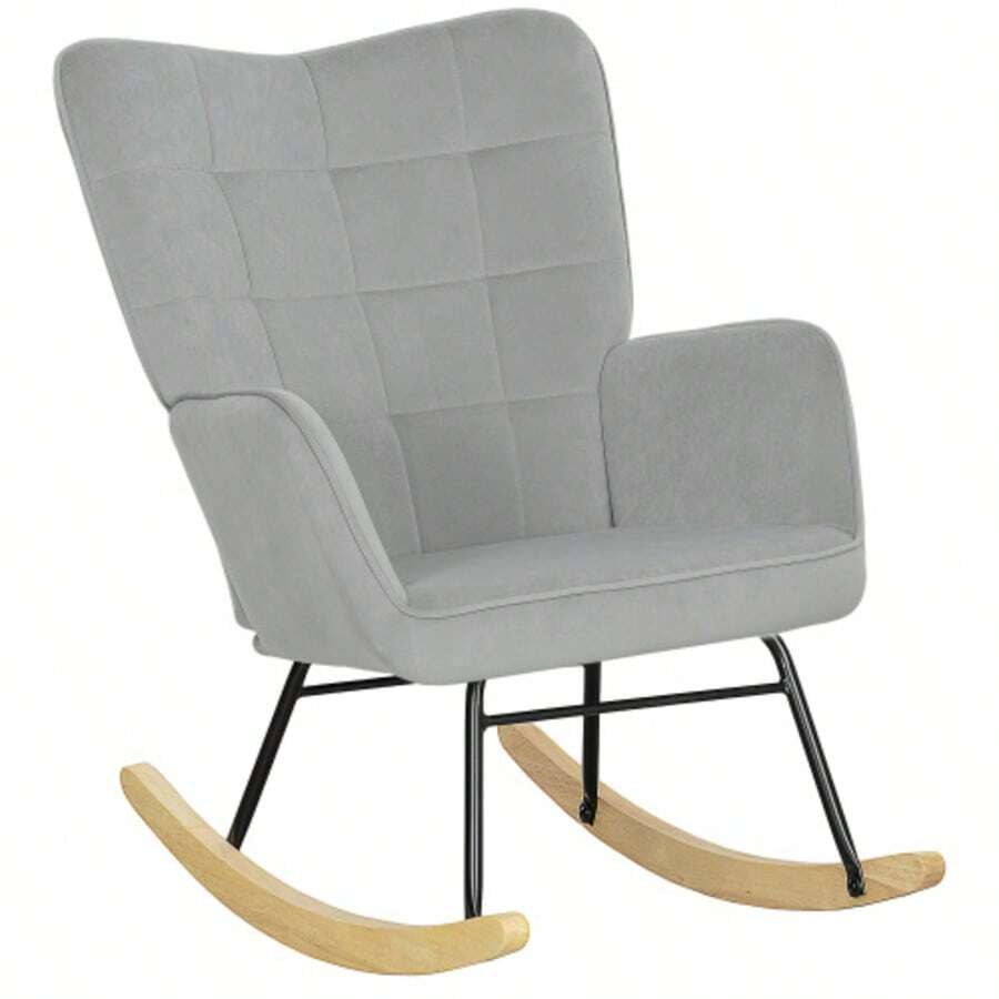 Rocking Chair, Reclining Chair With A Velvet Look, Armrests, Wooden Glides, For Living Room Or Bedroom, Light Grey