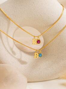 18K Gold Plated Stainless Steel Personalized Initial Necklace With Birthstone, Comes With Box Chain, Elegant Letter Birthstone Necklace, Birthstone Jewelry, Initial Necklace Gift For Her, Birthday Gift For Her, Valentine's Day Gift - Gold - View 5